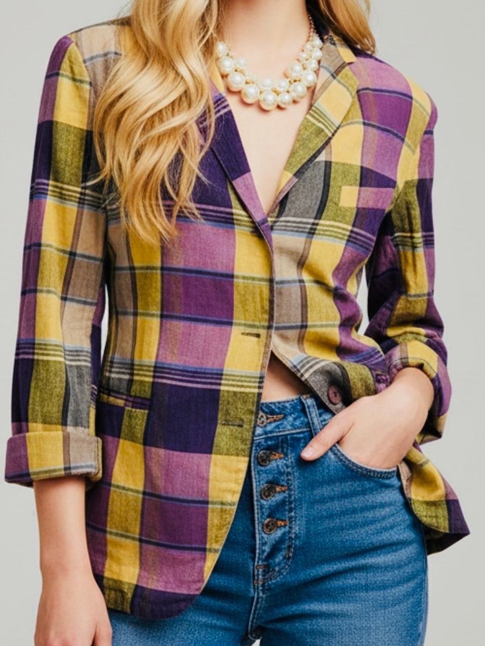 Vintage 1980s Plaid Notch-Lapel Blazer Jacket in Purple & Yellow